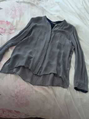 Vince Navy and White Micro-Print Long-Sleeve Blouse